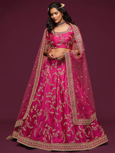 Pink Thread Embroidery Art Silk Wedding Wear Lehenga Choli